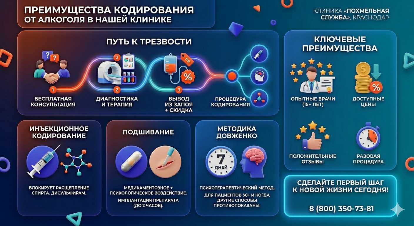 Инфографика о методах кодирования от алкоголя в Панкрушихе: инъекции, подшивание, метод Довженко. Преимущества клиники и этапы лечения.